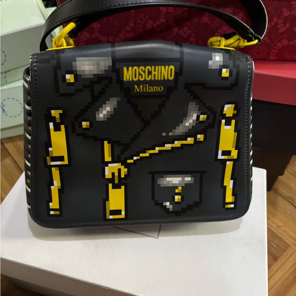 Moschino Pixel Art Black and Yellow Messenger Bag
